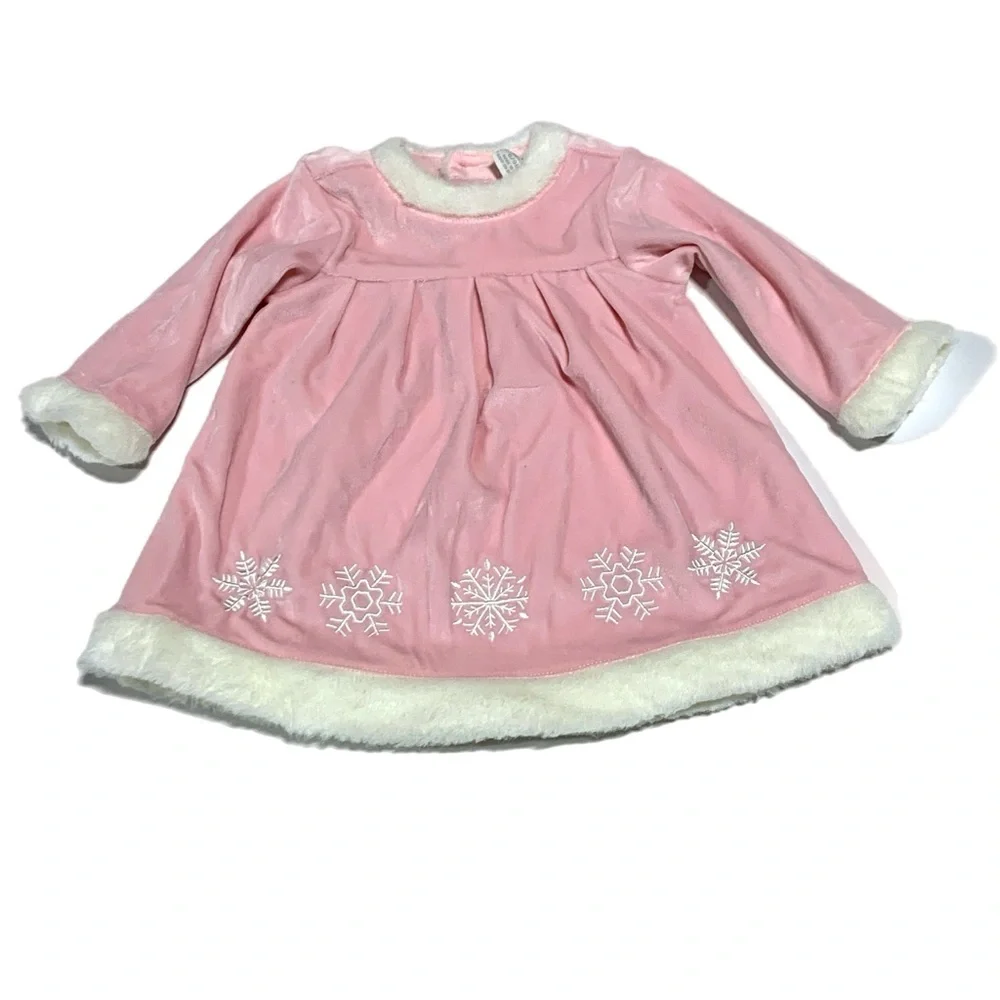 Pink Dress with Snowflake Design Faux Fur Dress Velvet 6-9 months‎ 4267